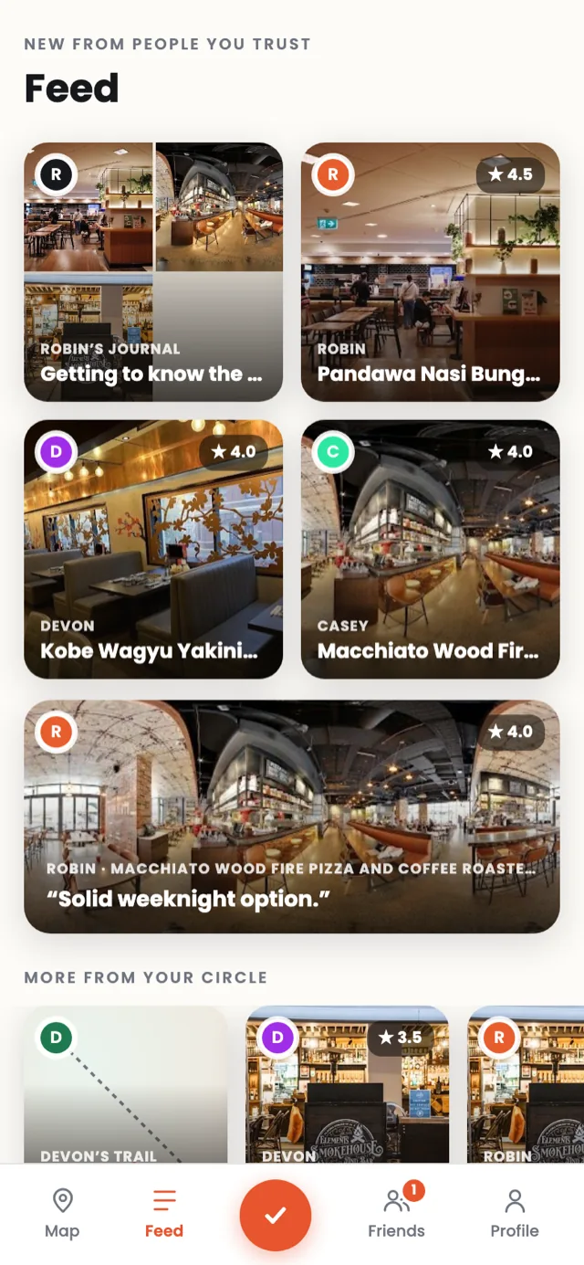 Vouch feed screen: new vouches, journals and visits from friends, each with photos and a rating