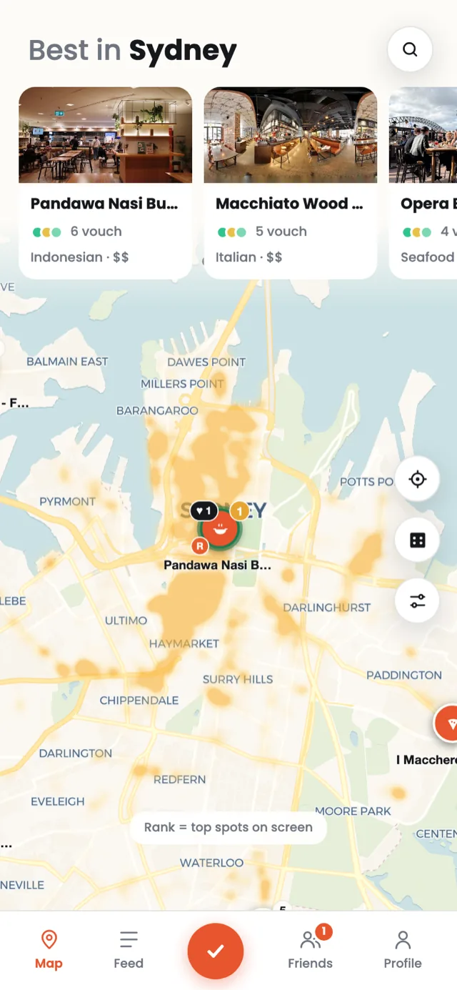 Vouch map screen: Best in Sydney, top restaurants ranked by friends' vouches over a map of the city