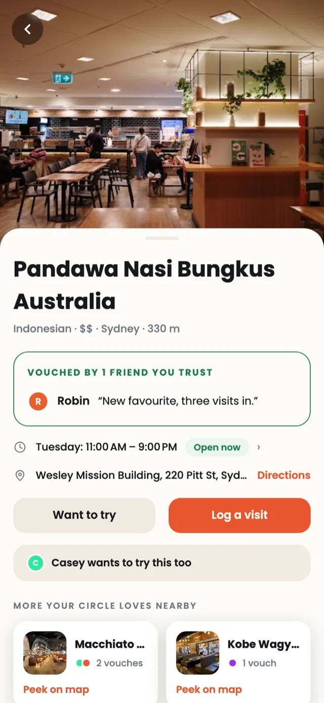 Vouch restaurant page for Pandawa Nasi Bungkus: vouched by a friend you trust, with hours, directions and want-to-try