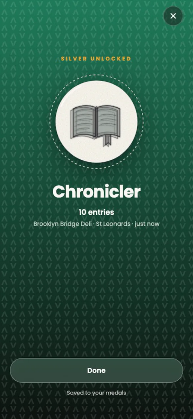 A Vouch medal unlocking: Chronicler, silver, for ten journal entries
